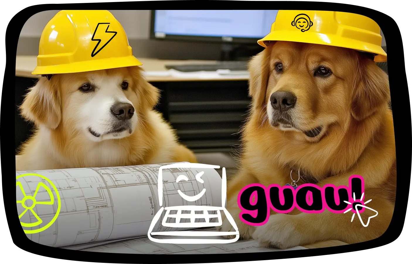 Perritos ingenieros chambeando en los planos del sitio